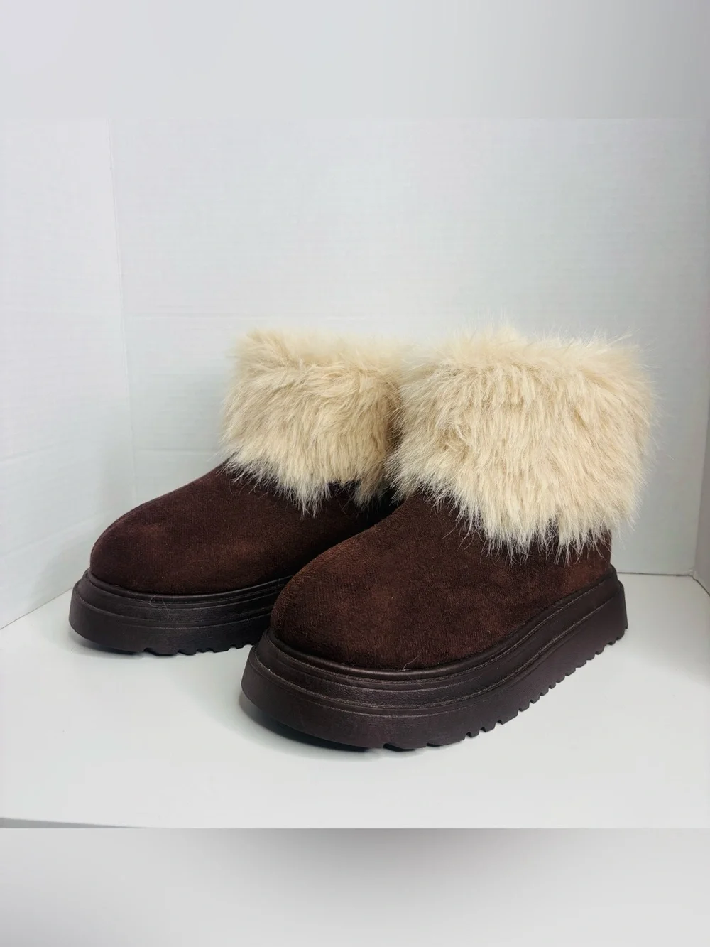 Women's Dark Brown Faux Suede Ankle Boots with Cream Faux-Fur Cuff